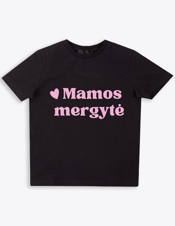 Juodi marškinėliai mergaitei su užrašu "Mamos mergytė"