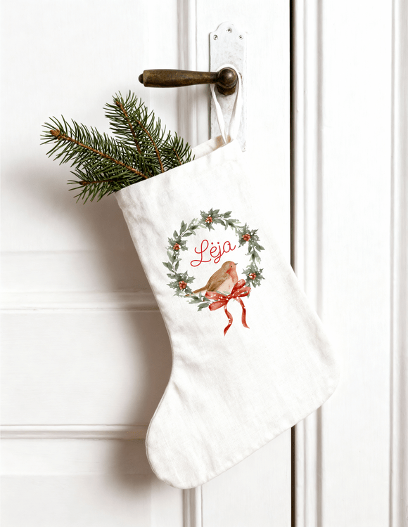 Balta, personalizuota kalėdinė kojinė 