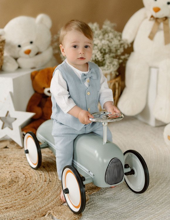 Žydras, lininis krikšto kostiumėlis berniukui "Jokūbas" (keturių dalių)