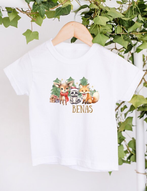 Personalizuoti, vaikiški kalėdiniai marškinėliai "Žiemos miškas"